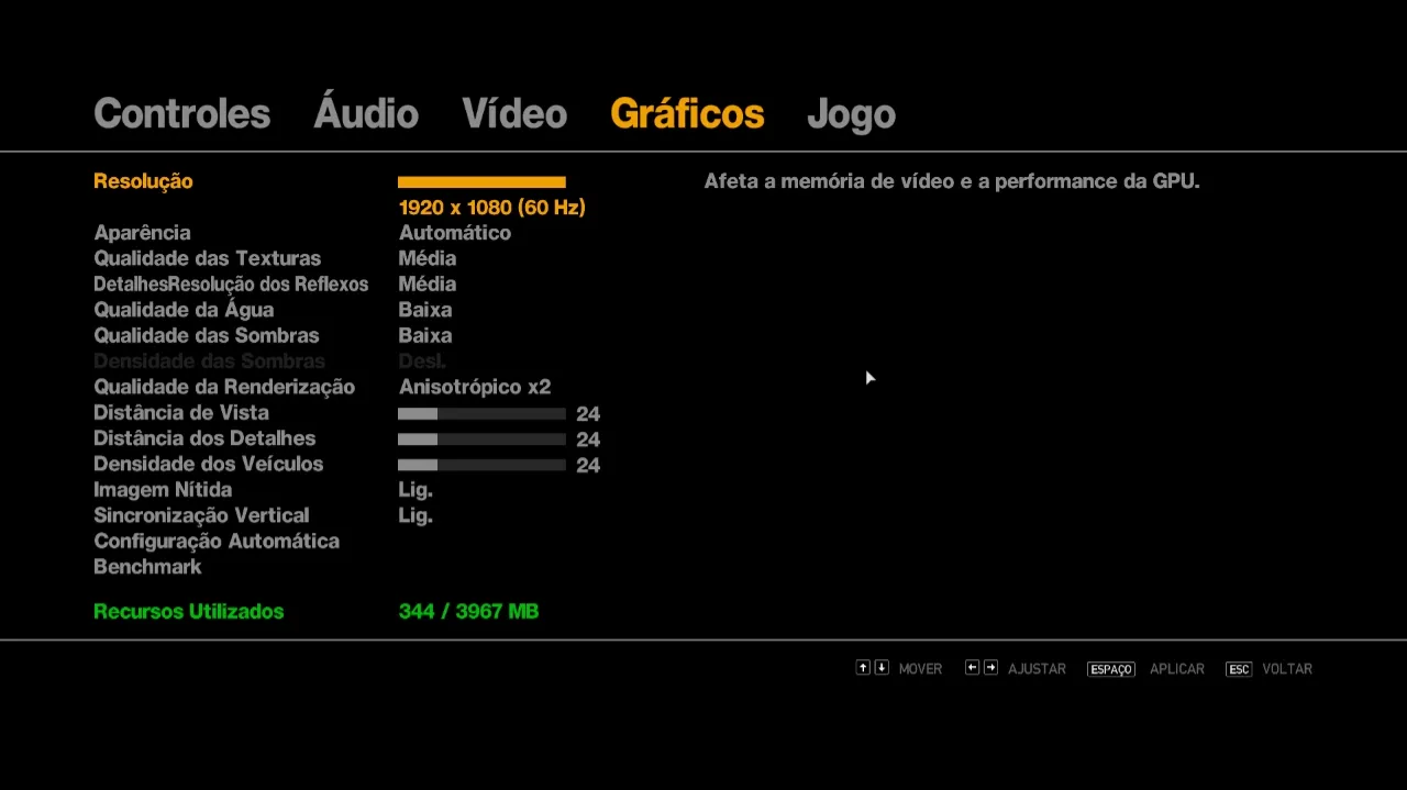Configurações gráficas dentro do jogo