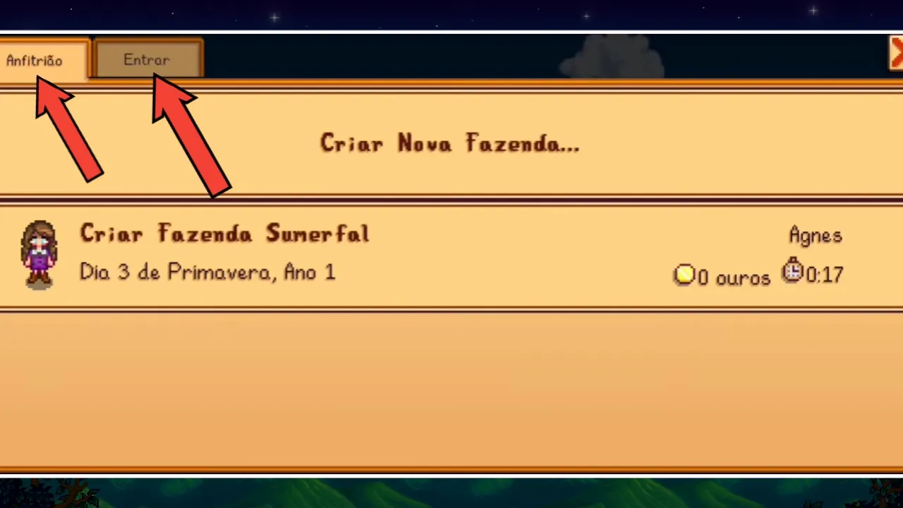Dentro do menu Coop do Stardew Valley, há as opções Anfitrião ou Entrar