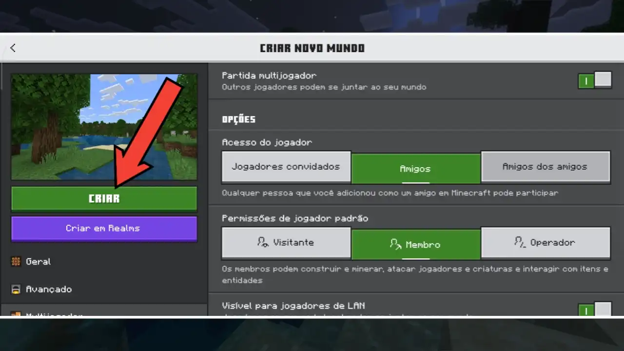 Toque em “Criar” para iniciar o mundo