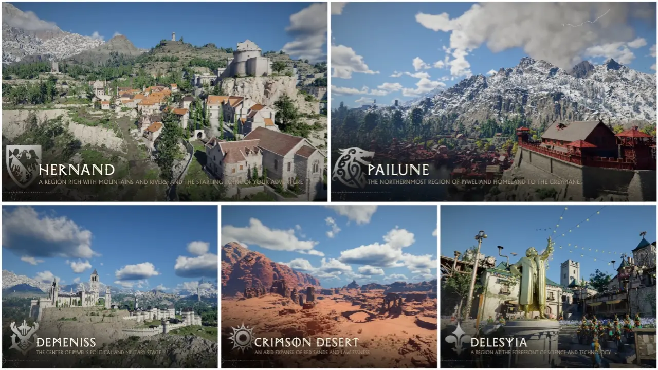 As 5 grandes regiões principais do continente de Pywel