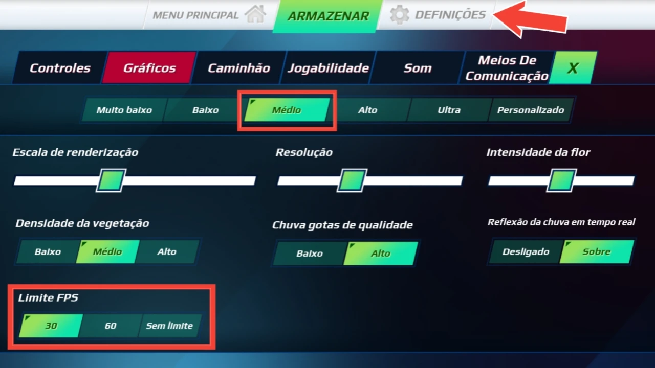 Reduza a qualidade gráfica e o limite de FPS dentro do jogo
