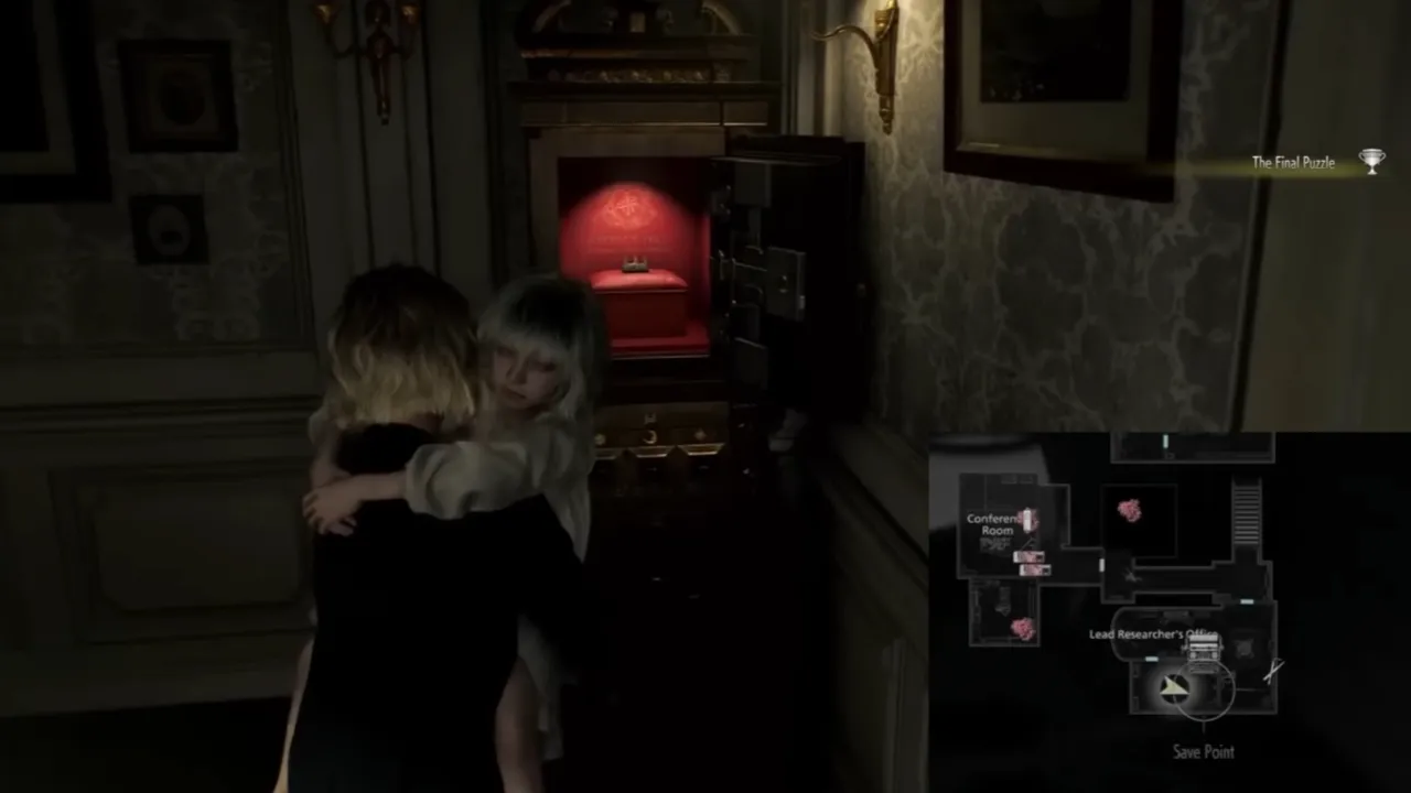 Vá até a máquina de quebra-cabeças com a Emily no colo